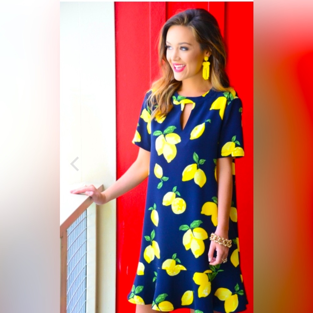 Mud Pie 🍋 Lana Flounce Dress 🍋 Navy Blue Yellow Lemons 🍋 Size Medium 8/10